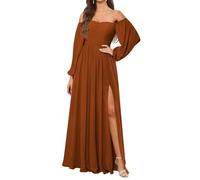 KURFACE Abito da damigella d'onore a maniche lunghe da donna con fessura in chiffon una linea fuori dalla spalla formale abito da sera, Arancione bruciato, 48