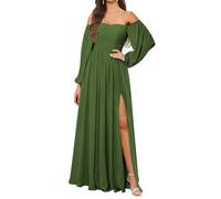 KURFACE Abito da damigella d'onore a maniche lunghe da donna con fessura in chiffon una linea fuori dalla spalla formale abito da sera, Verde oliva, 54 Più