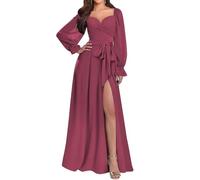 KURFACE Abito da damigella d'onore a maniche lunghe da donna, con spacco, increspato, in chiffon, abito da sera formale, Rosa del deserto, 50