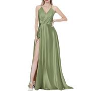 KURFACE Abito da damigella d'onore con abito da sposa lungo in raso con spalle scoperte, abito da festa per matrimonio per donne e ragazzi WSX404, Verde salvia, 46