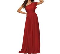 KURFACE Abito da damigella d'onore da donna a una manica a pieghe in chiffon con una linea di abito da sera formale, Rosso, 48