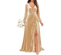 KURFACE Abito da damigella d'onore da donna con scollo a V a maniche lunghe con spacco increspato senza maniche abito da festa formale, Champagne, 48
