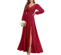 KURFACE Abito da damigella d'onore da donna con scollo a V e spacco, a maniche lunghe, abito da sera formale, Rosa del deserto, 50