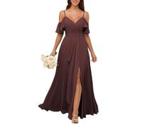 KURFACE Abito da damigella d'onore da donna con scollo a V e spacco plissettato in chiffon con spalle scoperte, abito formale da festa, Borgogna, 24 Più