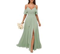 KURFACE Abito da damigella d'onore da donna con scollo a V e spacco plissettato in chiffon con spalle scoperte, abito formale da festa, Salvia, 24 Più