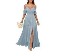 KURFACE Abito da damigella d'onore da donna con scollo a V e spacco plissettato in chiffon con spalle scoperte, abito formale da festa, Blu polvere., 50