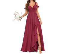 KURFACE Abito da damigella d'onore da donna con spalle scoperte con fessura increspato una linea in chiffon abito da sera formale, Rosa del deserto, 50