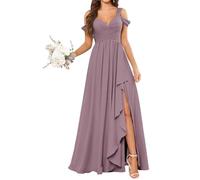 KURFACE Abito da damigella d'onore da donna con spalle scoperte con fessura increspato una linea in chiffon abito da sera formale, Glicine, 58 Più