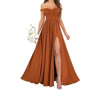KURFACE Abito da damigella d'onore da donna con spalle scoperte e spacco, in chiffon, formale, per matrimoni, ospiti, abito da sera, Arancione bruciato, 40