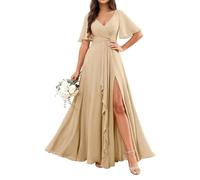 KURFACE Abito da damigella d'onore da donna in chiffon con maniche con spacco, increspato, lungo, abito da sera formale, Champagne, 58 Più
