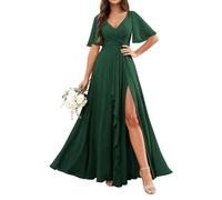 KURFACE Abito da damigella d'onore da donna in chiffon con maniche con spacco, increspato, lungo, abito da sera formale, Verde smeraldo, 52 Più