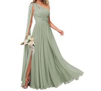 KURFACE Abito da damigella d'onore da donna monospalla con mantello spacco laterale in chiffon lungo formale abito da sposa, Verde salvia, 40