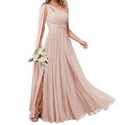 KURFACE Abito da damigella d'onore da donna monospalla con mantello spacco laterale in chiffon lungo formale abito da sposa, Rosa cipria, 44