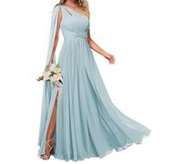 KURFACE Abito da damigella d'onore da donna monospalla con mantello spacco laterale in chiffon lungo formale abito da sposa, Azzurro, 46