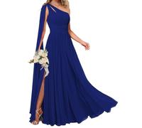 KURFACE Abito da damigella d'onore da donna monospalla con mantello spacco laterale in chiffon lungo formale abito da sposa, Blu reale, 48