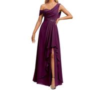 KURFACE Abito da damigella d'onore formale da donna, monospalla per madre della sposa, con applique in chiffon, lungo, prugna, 48