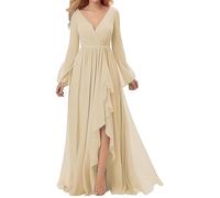 KURFACE Abito da damigella d'onore in chiffon con scollo a V e fessura a maniche lunghe, abito formale lungo fino al pavimento, abito da festa di nozze, Champagne, 24 Più