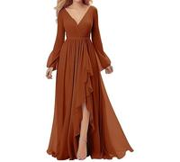 KURFACE Abito da damigella d'onore in chiffon con scollo a V e fessura a maniche lunghe, abito formale lungo fino al pavimento, abito da festa di nozze, Arancione bruciato, 52 Più