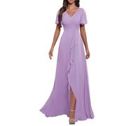 KURFACE Abito da damigella d'onore in chiffon con scollo a V e maniche con spacco, lungo, formale, da sera, da donna, Lilla, 52 Più