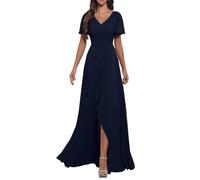 KURFACE Abito da damigella d'onore in chiffon con scollo a V e maniche con spacco, lungo, formale, da sera, da donna, blu navy, 46