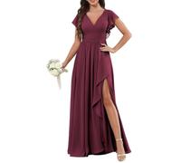 KURFACE Abito da damigella d'onore in chiffon con scollo a V e maniche svolazzanti, da donna, con spacco, pieghettato, abito da sera formale, Rosa del deserto, 62 Più