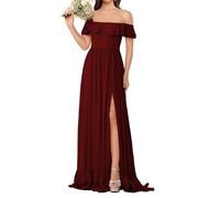 KURFACE Abito da damigella d'onore in chiffon con spalle scoperte per donne con volant spacco lungo abito formale abito da sera abito da festa, Borgogna, 58 Più