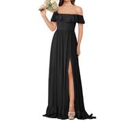 KURFACE Abito da damigella d'onore in chiffon con spalle scoperte per donne con volant spacco lungo abito formale abito da sera abito da festa, Nero , 46