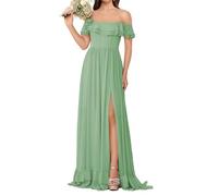 KURFACE Abito da damigella d'onore in chiffon con spalle scoperte per donne con volant spacco lungo abito formale abito da sera abito da festa, Salvia polverosa., 58 Più