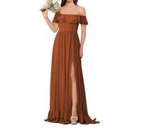 KURFACE Abito da damigella d'onore in chiffon con spalle scoperte per donne con volant spacco lungo abito formale abito da sera abito da festa, Arancione bruciato, 46