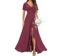 KURFACE Abito da damigella d'onore in chiffon da donna, con spacco, increspato, scollo a V, abito da sera formale con maniche, Rosa del deserto, 50