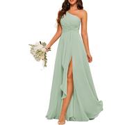 KURFACE Abito da damigella d'onore in chiffon monospalla con pieghe lungo una linea abito da ballo per le donne WSX475 verde salvia UK10