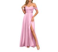 KURFACE Abito da damigella d'onore in raso con spalle scoperte da donna, senza maniche, lunghezza fino al pavimento, abito da ballo lungo, rosa, 44