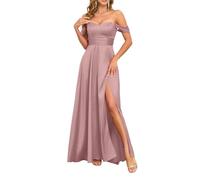 KURFACE Abito da damigella d'onore in raso con spalle scoperte da donna, senza maniche, lunghezza fino al pavimento, abito da ballo lungo, Rosa polvere, 42
