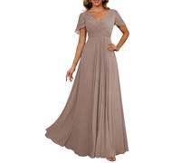 KURFACE Abito da donna con scollo a V per madre della sposa con maniche pieghettate in chiffon abito formale per ospiti di nozze, Tortora, 50