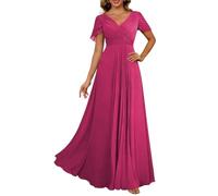 KURFACE Abito da donna con scollo a V per madre della sposa con maniche pieghettate in chiffon abito formale per ospiti di nozze, Fucsia, 50