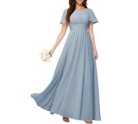 KURFACE Abito da donna in chiffon da damigella d'onore con maniche pieghettate una linea a girocollo lungo abito da sera formale, Blu polvere., 54 Più