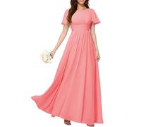 KURFACE Abito da donna in chiffon da damigella d'onore con maniche pieghettate una linea a girocollo lungo abito da sera formale, Corallo, 54 Più