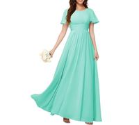 KURFACE Abito da donna in chiffon da damigella d'onore con maniche pieghettate una linea a girocollo lungo abito da sera formale, Turchese, 60 Più