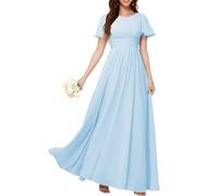 KURFACE Abito da donna in chiffon da damigella d'onore con maniche pieghettate una linea a girocollo lungo abito da sera formale, Azzurro, 62 Più