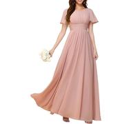 KURFACE Abito da donna in chiffon da damigella d'onore con maniche pieghettate una linea a girocollo lungo abito da sera formale, Rosa polvere, 24 Più