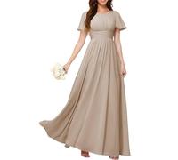 KURFACE Abito da donna in chiffon da damigella d'onore con maniche pieghettate una linea a girocollo lungo abito da sera formale, Tortora, 60 Più
