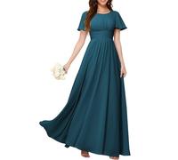 KURFACE Abito da donna in chiffon da damigella d'onore con maniche pieghettate una linea a girocollo lungo abito da sera formale, Blu ottanio, 60 Più