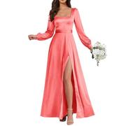 KURFACE Abito da donna in raso, a maniche lunghe, con spacco, corsetto quadrato, abito da sera, Corallo, 48