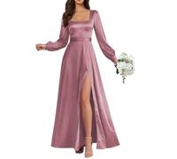 KURFACE Abito da donna in raso, a maniche lunghe, con spacco, corsetto quadrato, abito da sera, Glicine, 24 Più