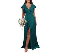 KURFACE Abito da donna in raso con scollo a V, abito da damigella d'onore, con maniche a fessura e scollo a V, abito da sera formale, Pavone, 54 Più