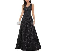 KURFACE Abito da donna in tulle con paillettes per la madre della sposa senza maniche lunghezza pavimento una linea formale abito da festa, Nero , 44