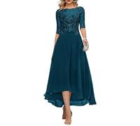 KURFACE, abito da sera da donna, in pizzo e applique, lunghezza tè, madre della sposa, per matrimonio, con maniche lunghe, in chiffon, elegante, Pavone, 50