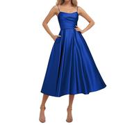 KURFACE Abito da sera formale con scollo a V e spalline sottili in raso per adolescenti a linea di lunghezza del tè, Blu reale, 24 Più