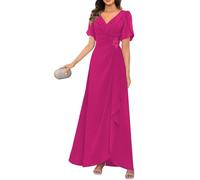 KURFACE Abito da sera formale da donna con scollo a V e maniche svolazzanti, in chiffon, per la madre della sposa, Rosa acceso, 42