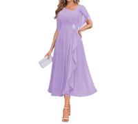 KURFACE Abito da sera formale da donna, lunghezza tè, per madre della sposa, con maniche, plissettato, in chiffon, elegante, Lilla, 40